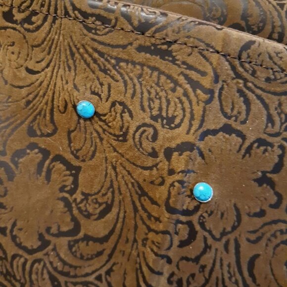 NEW Western Tooled Floral Faux Leather Satchel Shoulder Bag Rich Brown Turquoise - Picture 4 of 11